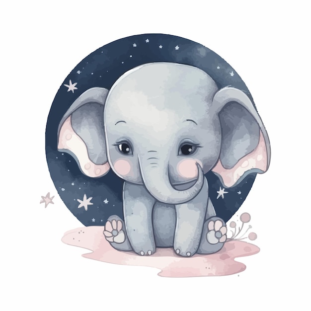 Cute dibujos animados kawaii bebé elefante acuarela noche y luna ilustración