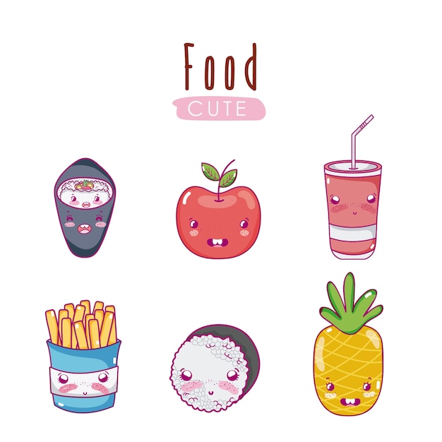 Vector cute dibujos animados kawaii comida