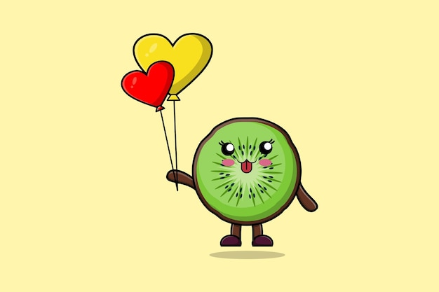 Cute dibujos animados Kiwi fruta flotando con amor globo dibujos animados vector ilustración