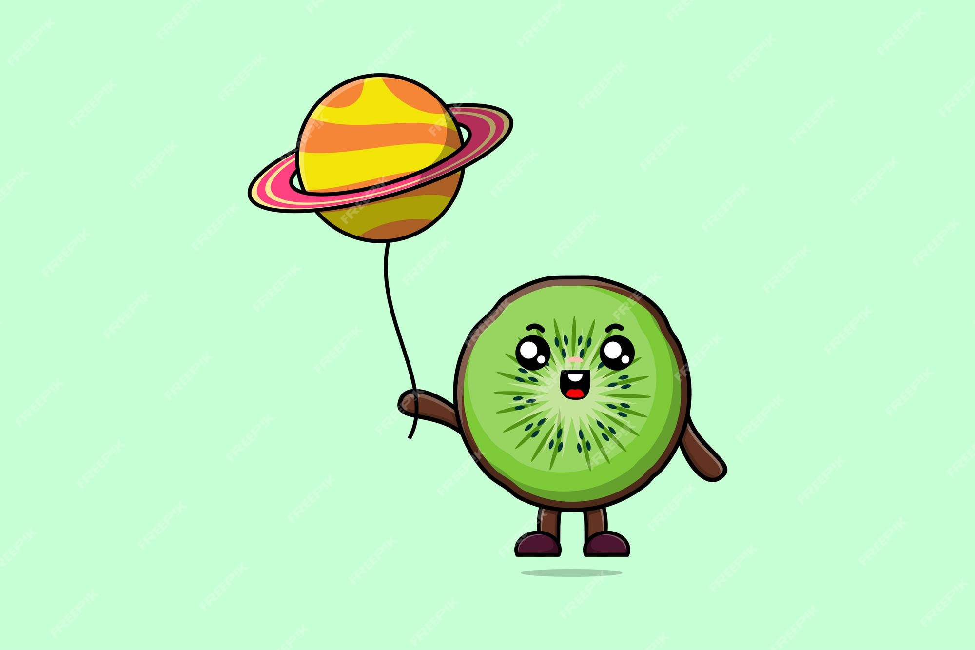 Cute dibujos animados kiwi fruta flotando con planeta globo dibujos animados vector ilustración | Vector Premium Cute dibujos animados kiwi fruta flotando con planeta globo dibujos animados vector ilustración | Vector Premium