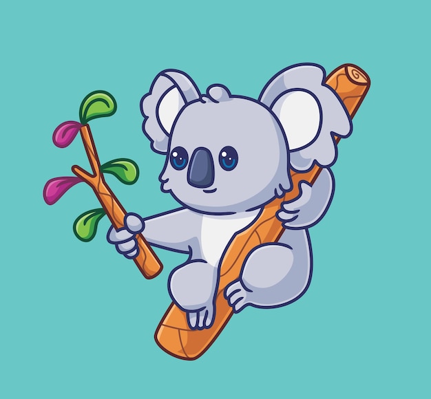 Vector cute dibujos animados koala colgando de un árbol sosteniendo una rama aislada dibujos animados animales ilustración vector