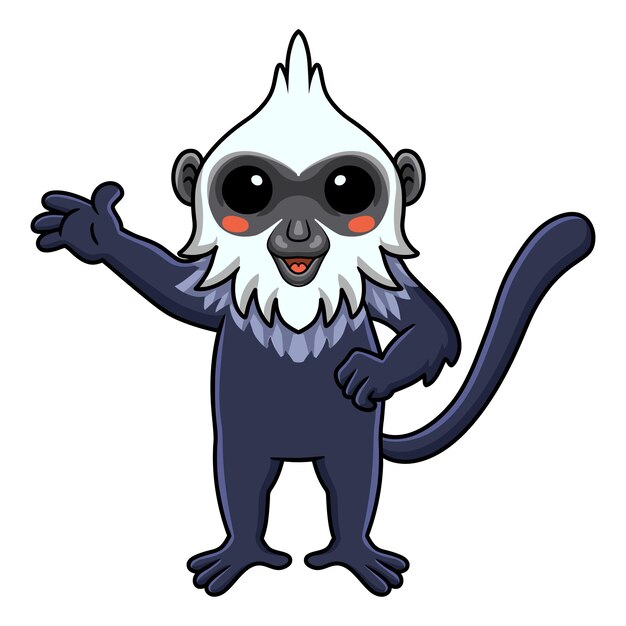 Cute dibujos animados de langur de cabeza blanca agitando la mano
