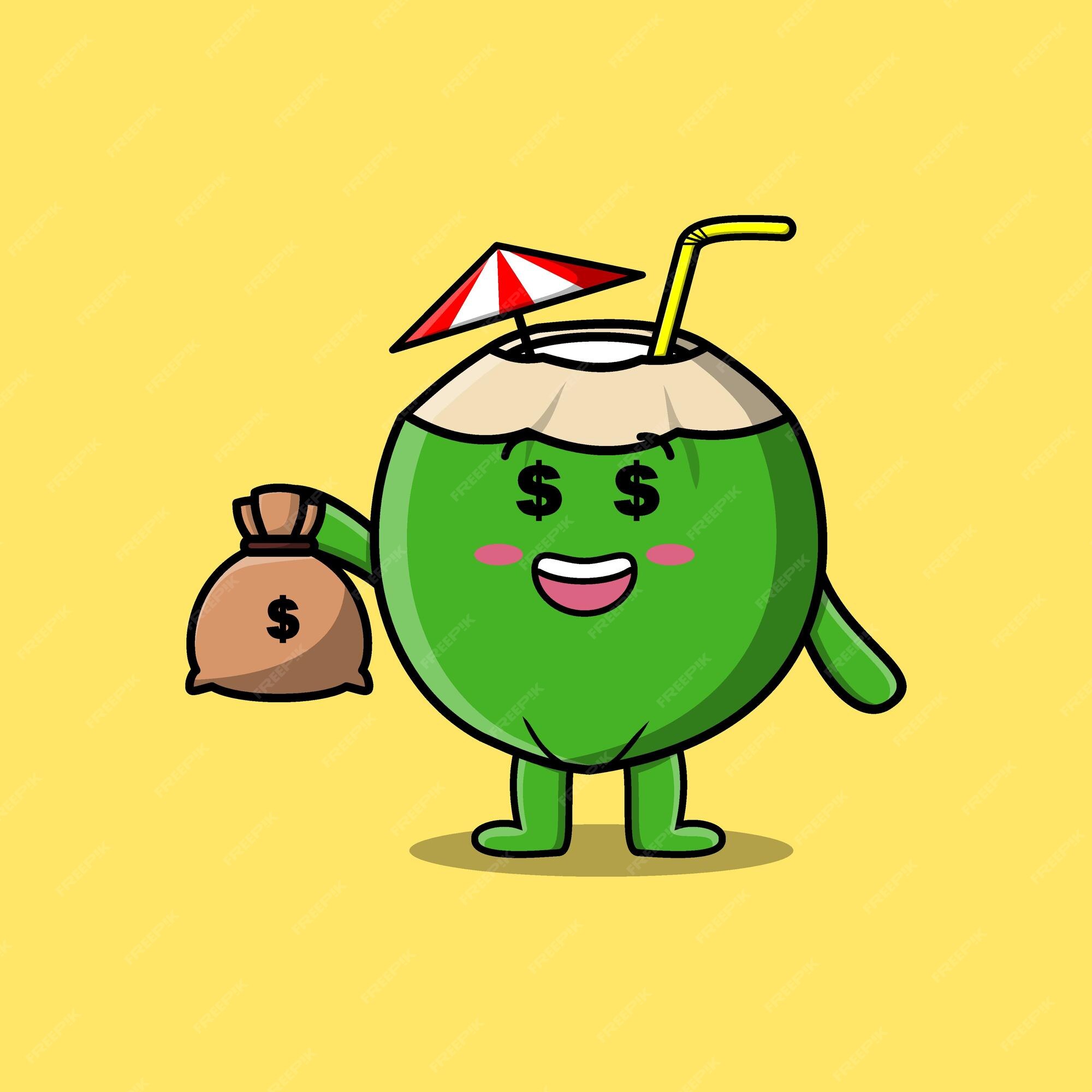 Cute dibujos animados loco rico coco joven con bolsa de dinero en forma  divertida en diseño moderno | Vector Premium