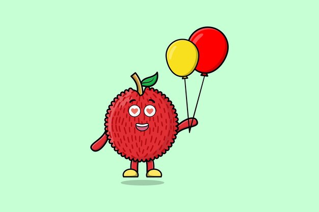 Cute dibujos animados Lychee flotando con globo dibujos animados vector ilustración concepto plano estilo de dibujos animados
