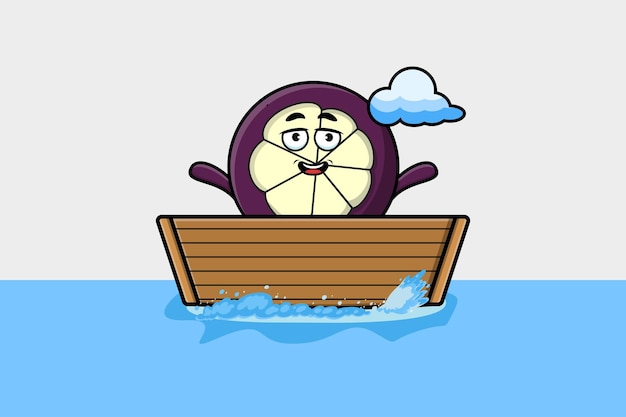 Cute dibujos animados Mangosteen subirse al barco en la ilustración de carácter vectorial