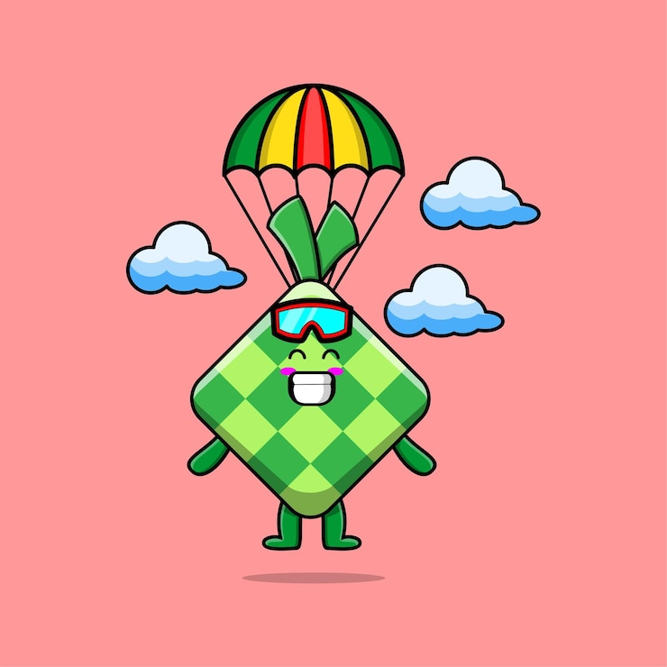 Vector cute dibujos animados mascota ketupat es paracaidismo con paracaídas y gesto feliz lindo diseño de estilo moderno