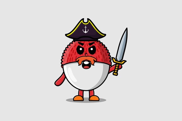 Cute dibujos animados mascota Lychee pirata sosteniendo espada