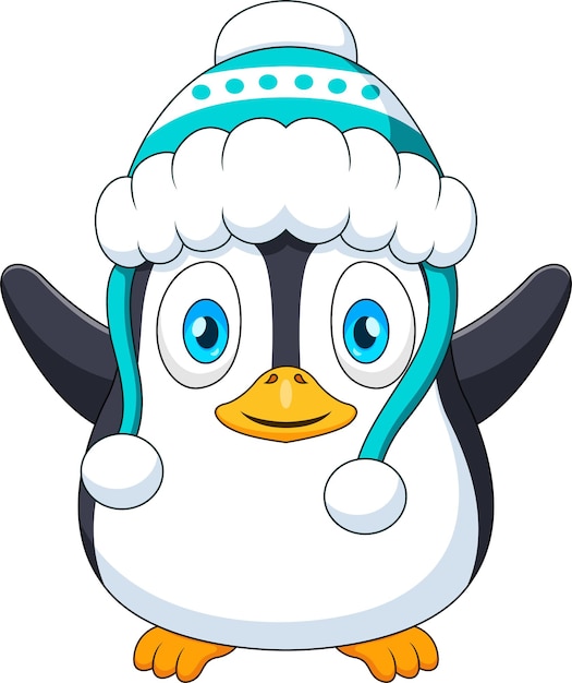 Cute dibujos animados de mascota pingüino en sombrero de invierno