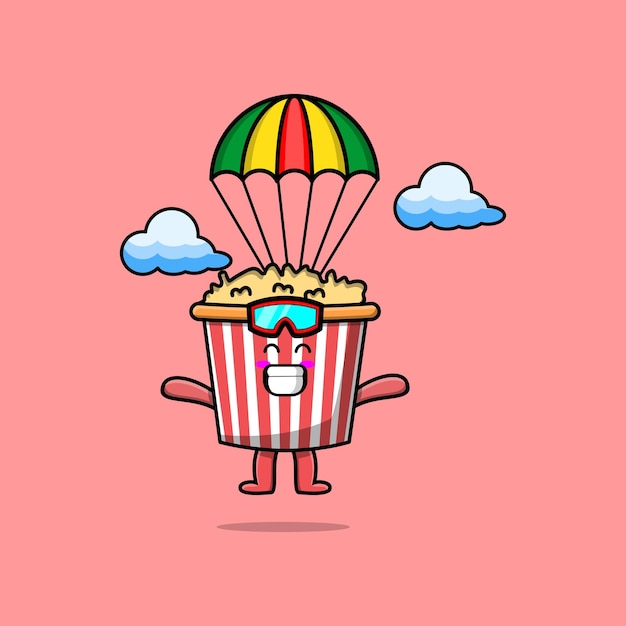 Cute dibujos animados de mascota Popcorn es paracaidismo con paracaídas e ilustración de gesto feliz