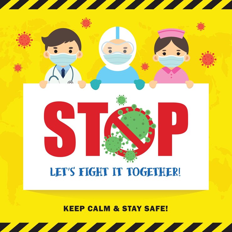 Cute dibujos animados médico y enfermera con mascarilla médica con cartel DETENER pandemia