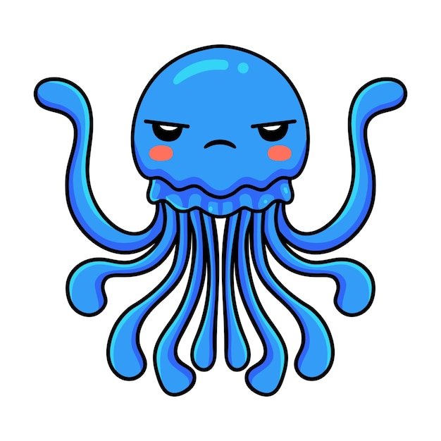 Cute dibujos animados de medusas azules enojadas
