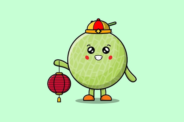 Cute dibujos animados melón personaje chino sosteniendo linterna en ilustración de icono de vector