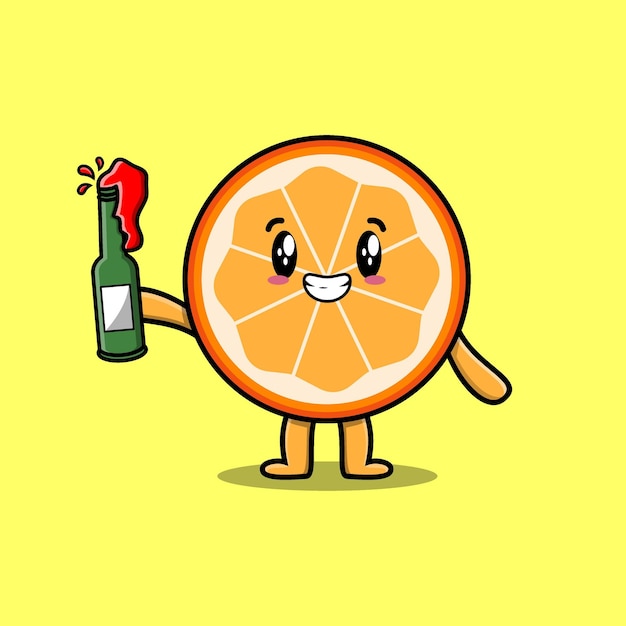 Cute dibujos animados naranja fruta con botella de refresco