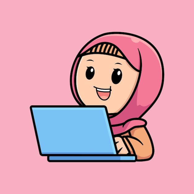 Cute dibujos animados de niña hijab con ilustración de diseño de computadora portátil