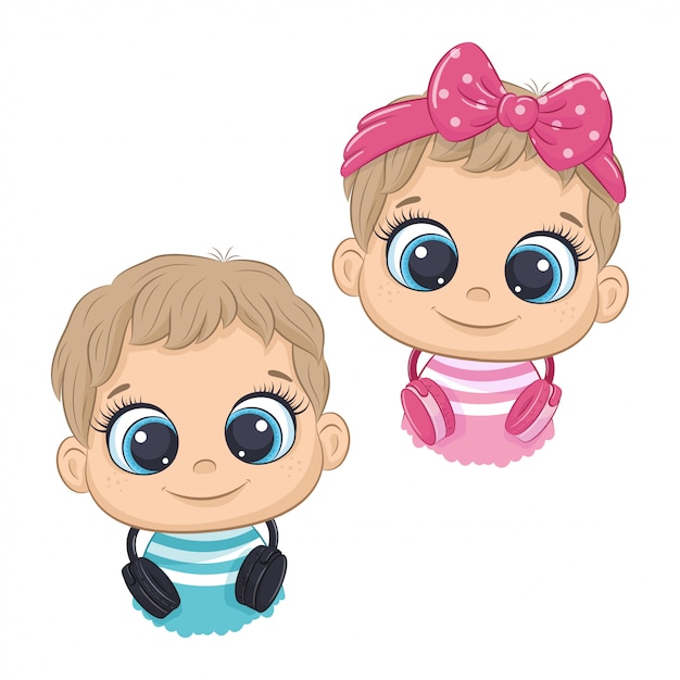 Cute dibujos animados, niña y niño con auriculares escuchan música