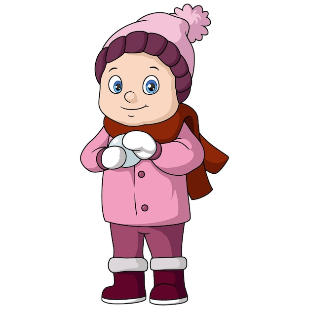 Cute dibujos animados de niño pequeño en ropa de invierno con bolas de nieve