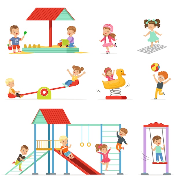 Cute dibujos animados niños jugando y divirtiéndose en el parque infantil, niños jugando al aire libre Ilustraciones