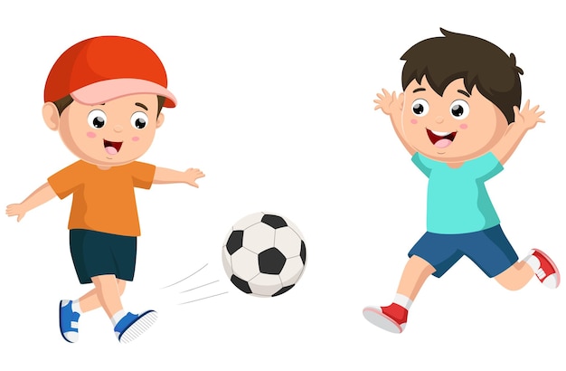 Cute dibujos animados de niños pequeños jugando al fútbol