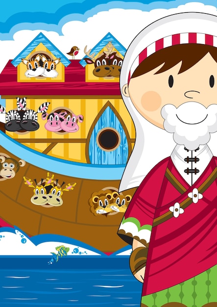 Cute dibujos animados Noé y el arca con animales dos por dos ilustración bíblica