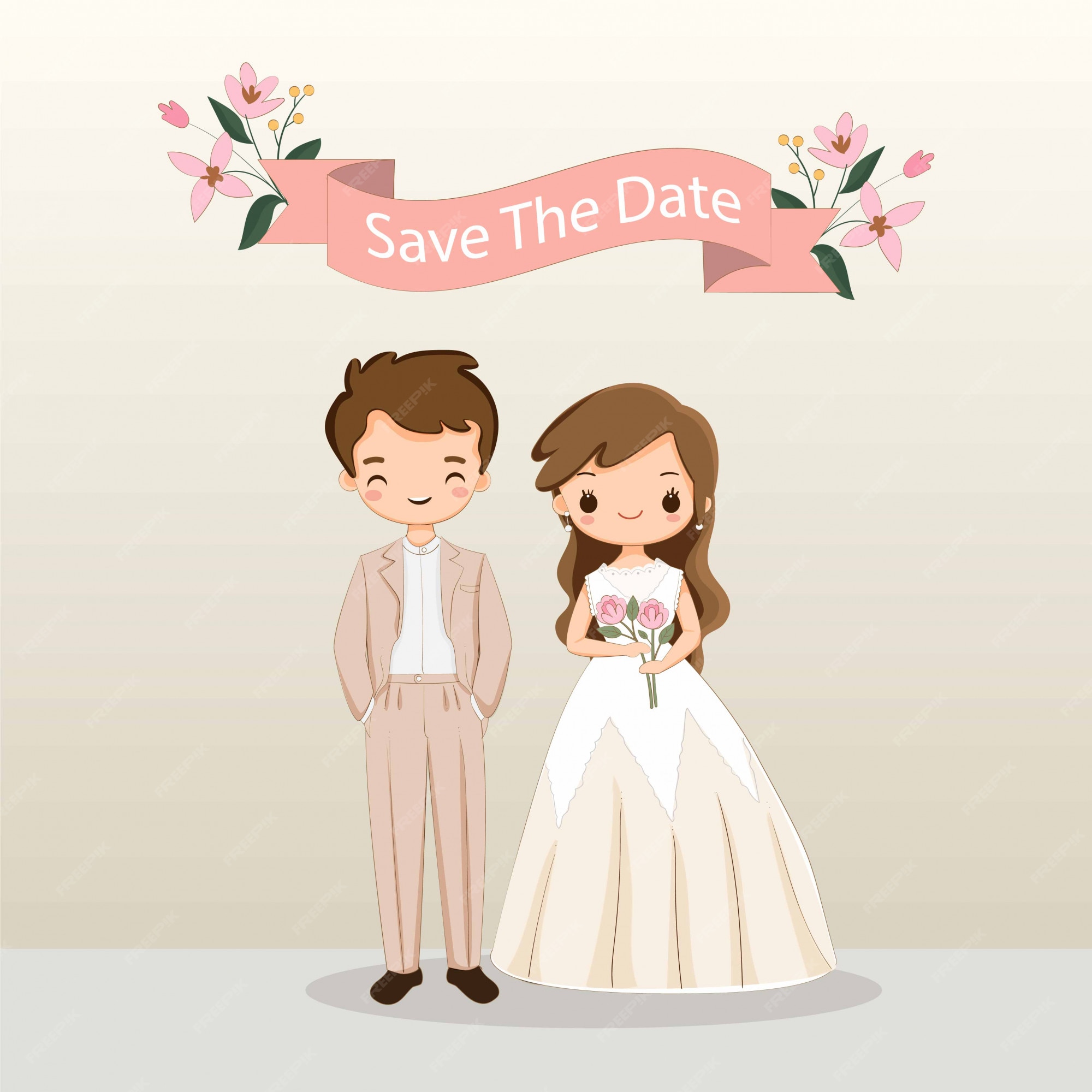 Cute animados de novios para plantilla de tarjeta de invitación de boda | Vector Premium