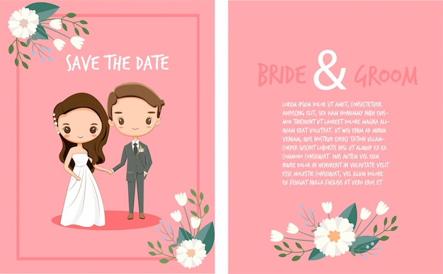 Cute dibujos animados de novios en plantilla de tarjeta de invitación de boda