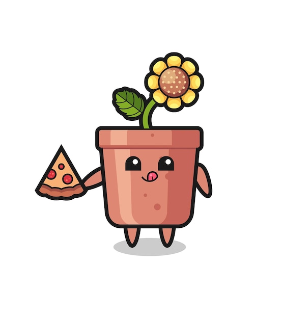 Cute dibujos animados de olla de girasol comiendo pizza