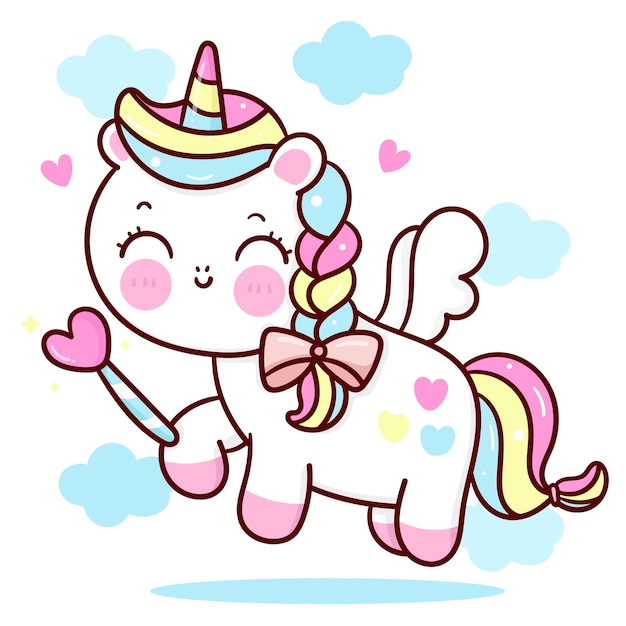 Cute dibujos animados de pegaso unicornio con varita mágica animal kawaii