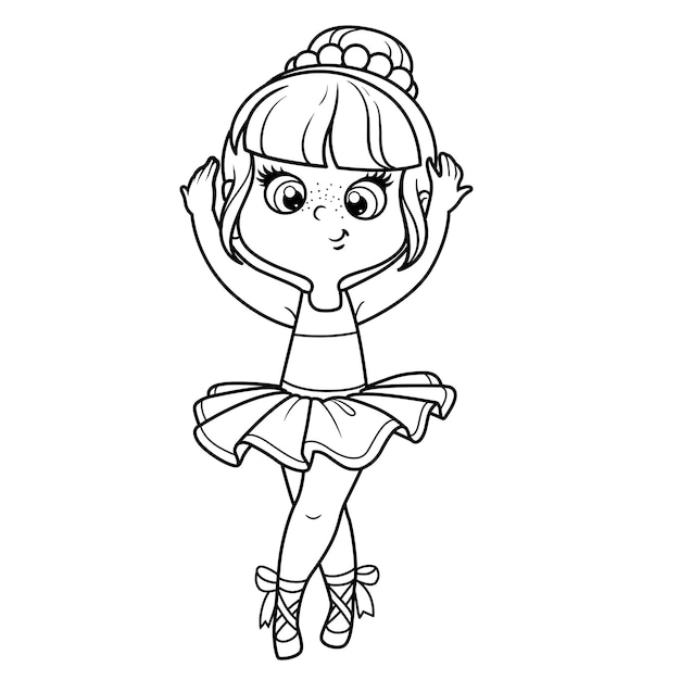 Cute dibujos animados pequeña bailarina niña danza en exuberante tutú delineado para colorear aislado sobre un fondo blanco.