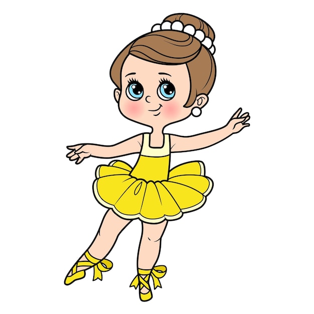 Cute dibujos animados pequeña bailarina niña en variación de color tutú para colorear página aislada sobre fondo blanco