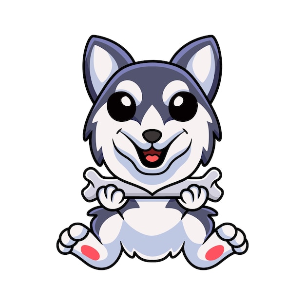 Cute dibujos animados de perro husky siberiano sosteniendo un hueso