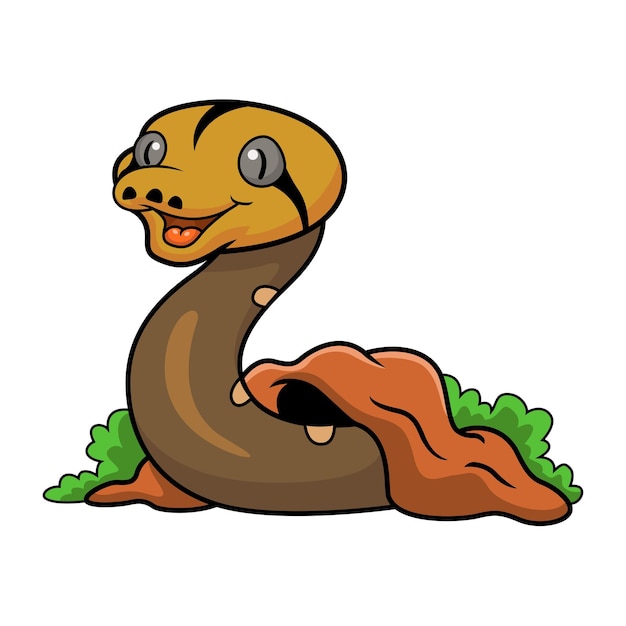 Cute dibujos animados de pitón reticulado de niño dorado fuera del agujero