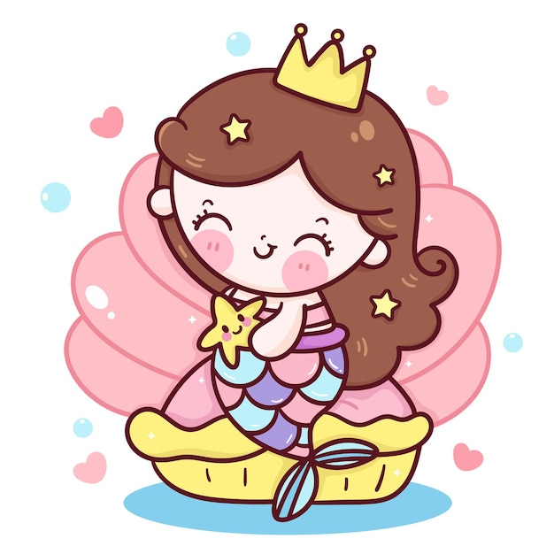 Cute dibujos animados princesa sirena abrazo estrella de mar en concha kawaii ilustración