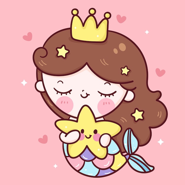 Cute dibujos animados princesa sirena abrazo estrella de mar kawaii ilustración