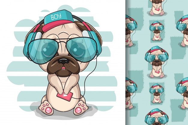 Cute dibujos animados Pug Dog con auriculares sobre un fondo blanco.