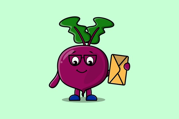 Cute dibujos animados remolacha con sobre con estilo de ilustración vectorial de dibujos animados