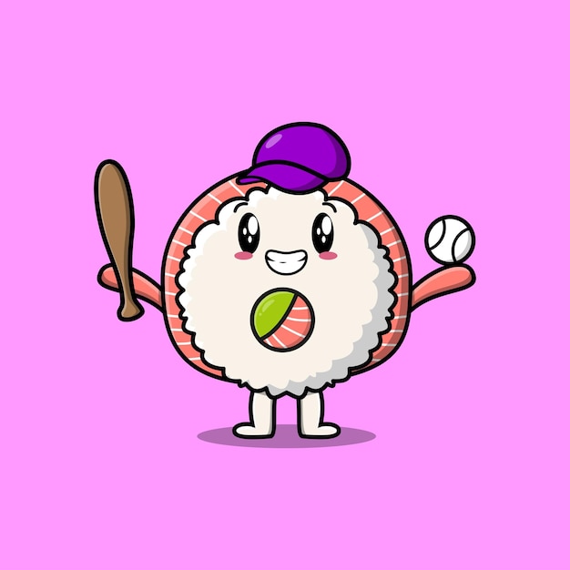 Cute dibujos animados rice sushi rolls sashimi personaje jugando béisbol en un diseño de estilo moderno