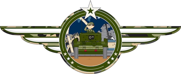 Cute dibujos animados saludando al soldado del ejército en la ilustración de la historia militar del tanque blindado
