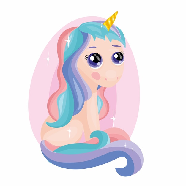 Cute dibujos animados sentado unicornio con ojos grandes