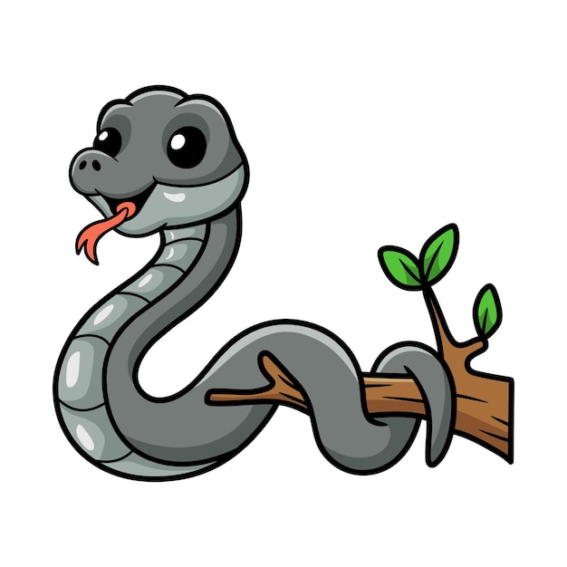 Cute dibujos animados de serpiente mamba negra en la rama de un árbol