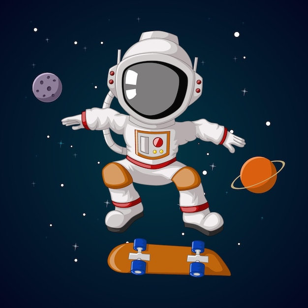 Cute dibujos animados de skateboarding astronauta en el espacio ultraterrestre