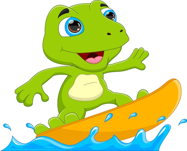 Cute dibujos animados de surf de rana sobre fondo blanco