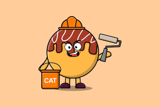 Cute dibujos animados Takoyaki como un personaje constructor pintando en una ilustración de diseño de estilo plano moderno