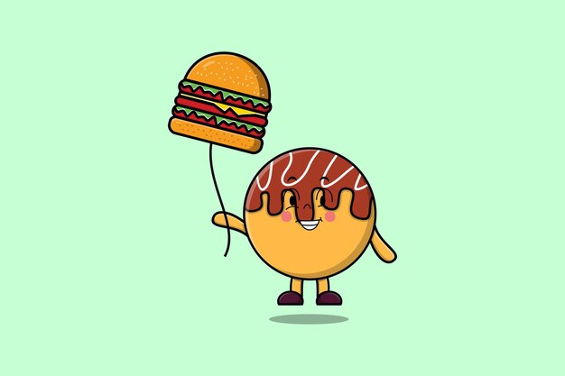 Cute dibujos animados Takoyaki flotando con globo de hamburguesa en ilustración de icono de vector de dibujos animados plana