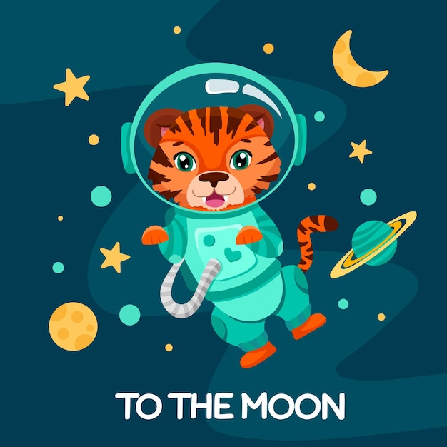 Cute dibujos animados tigre astronauta con estrellas luna y planetas para volante de fiesta de cumpleaños niños imprimir textura