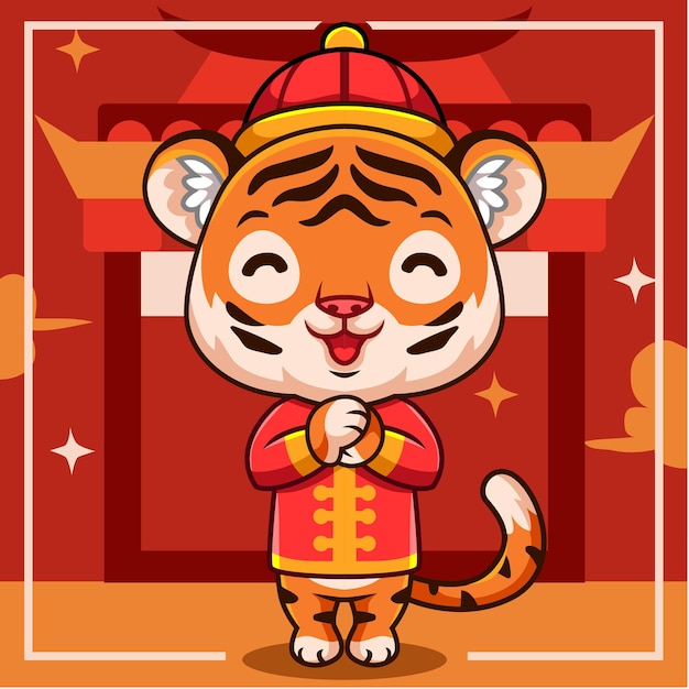 Cute dibujos animados de tigre celebrando el año nuevo chino