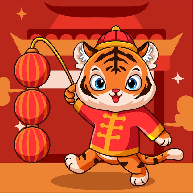 Vector cute dibujos animados de tigre celebrando el año nuevo chino