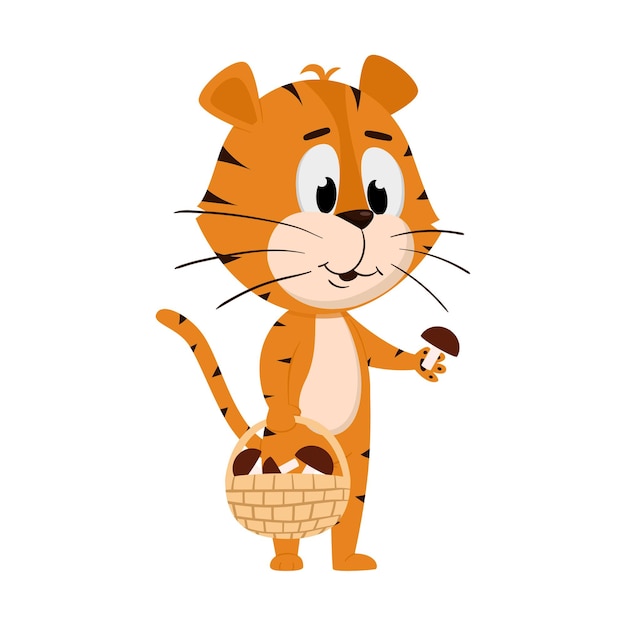 Cute dibujos animados de tigre recoge setas en su cesta de mimbre sobre fondo blanco.