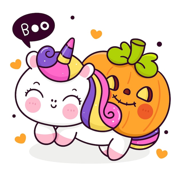 Cute dibujos animados de unicornio con animal kawaii de calabaza de halloween