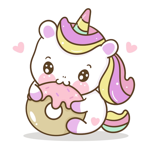 Cute dibujos animados de unicornio comiendo un postre kawaii ilustración