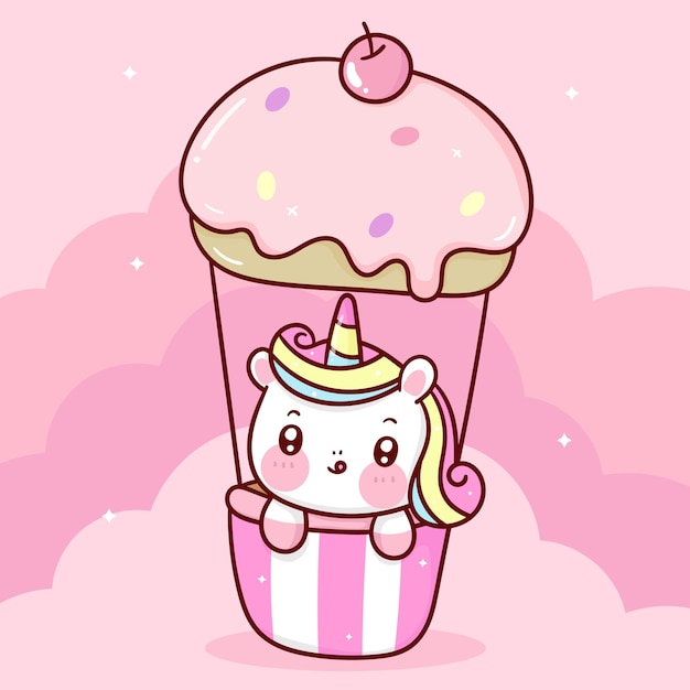 Cute dibujos animados de unicornio en dulce cupcake globo pastel cielo animales kawaii